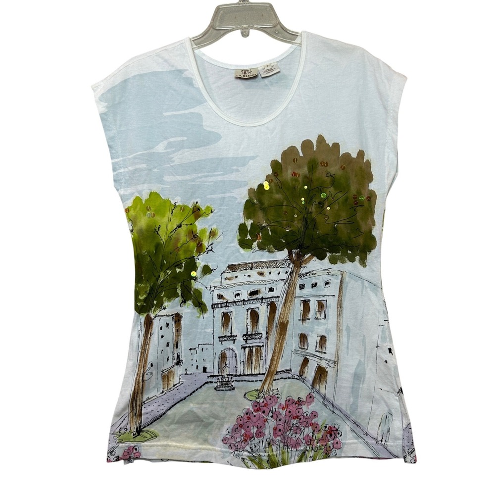 La Blend Graphic Tee Women Small White Scenic Village Sequin Top Artistic Travel